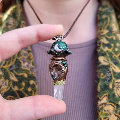 Crystal Moon Mushroom Faery House Pendant ~ Quartz