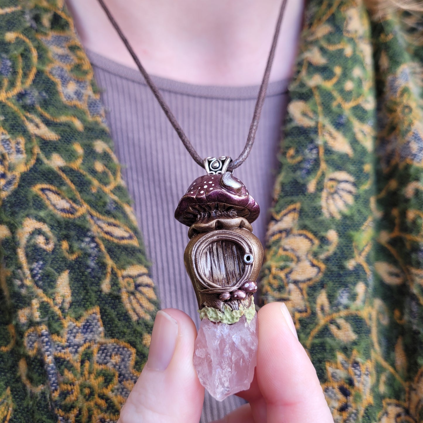 Large Crystal Moon Mushroom Faery House Pendant ~ Rose Quartz