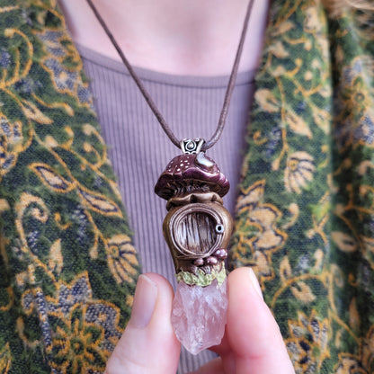 Large Crystal Moon Mushroom Faery House Pendant ~ Rose Quartz