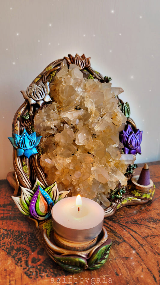 Lotus Garden Tealight Incense holder ~ Quartz Cluster