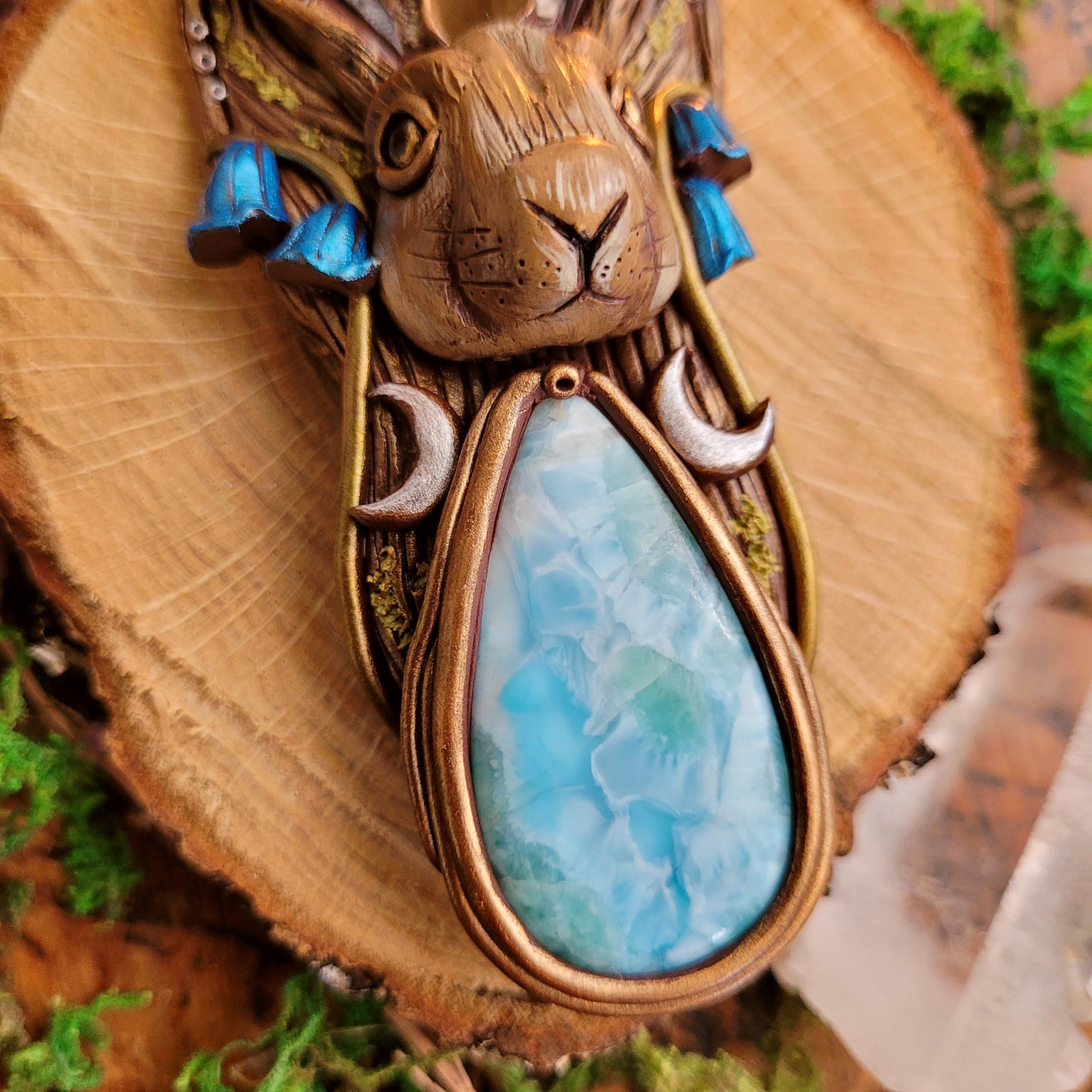 Lunar Hare in the Bluebells Talisman ~ Larimar