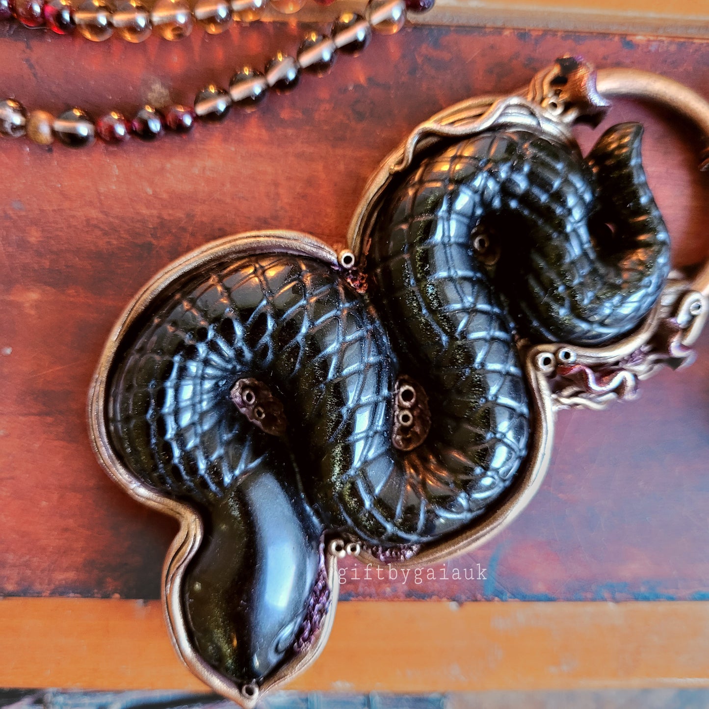 Sacred Serpent Golden Obsidian Crystal Beaded Talisman