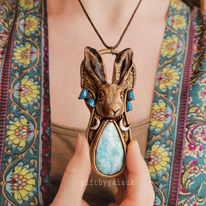 Lunar Hare in the Bluebells Talisman ~ Larimar