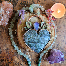 Load image into Gallery viewer, Mossy Heart Healer crystal beaded Talisman ~ Moss Agate, Rainbow Moonstone, Aventurine &amp; Smokey Quartz