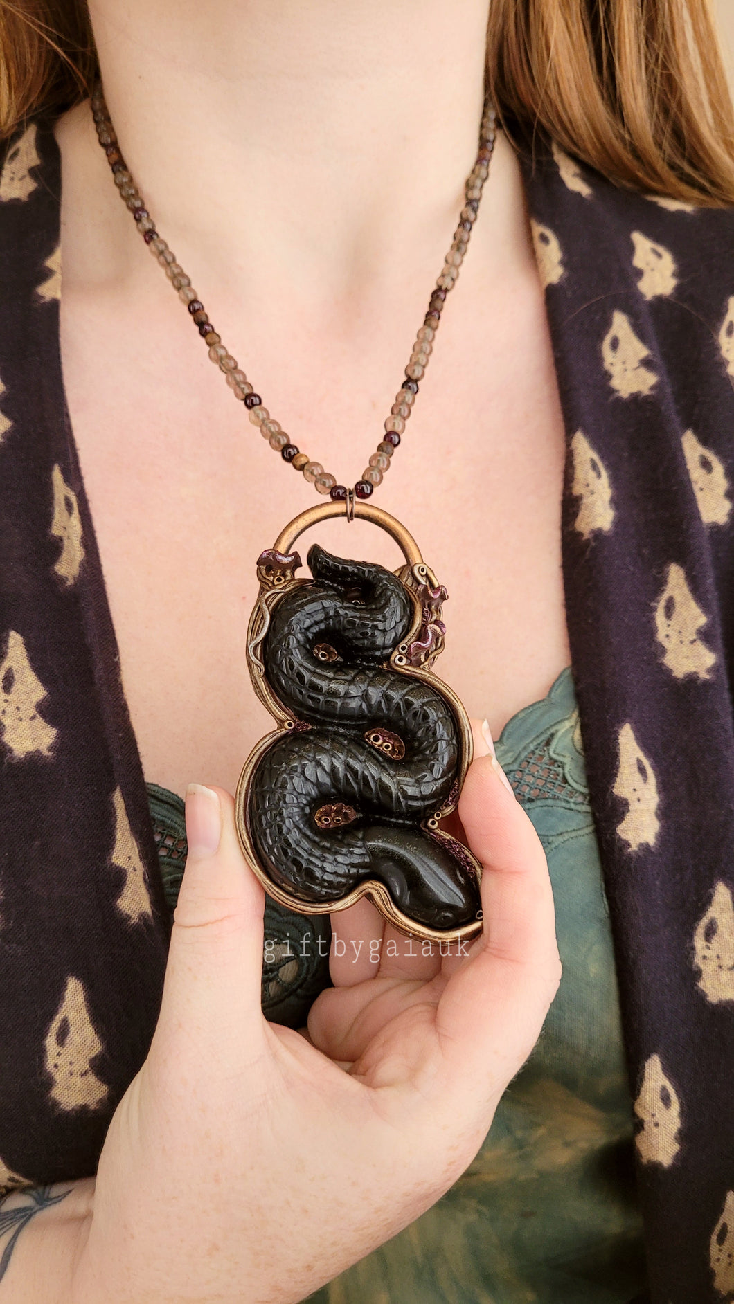 Sacred Serpent Golden Obsidian Crystal Beaded Talisman