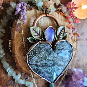 Mossy Heart Healer crystal beaded Talisman ~ Moss Agate, Rainbow Moonstone, Aventurine & Smokey Quartz