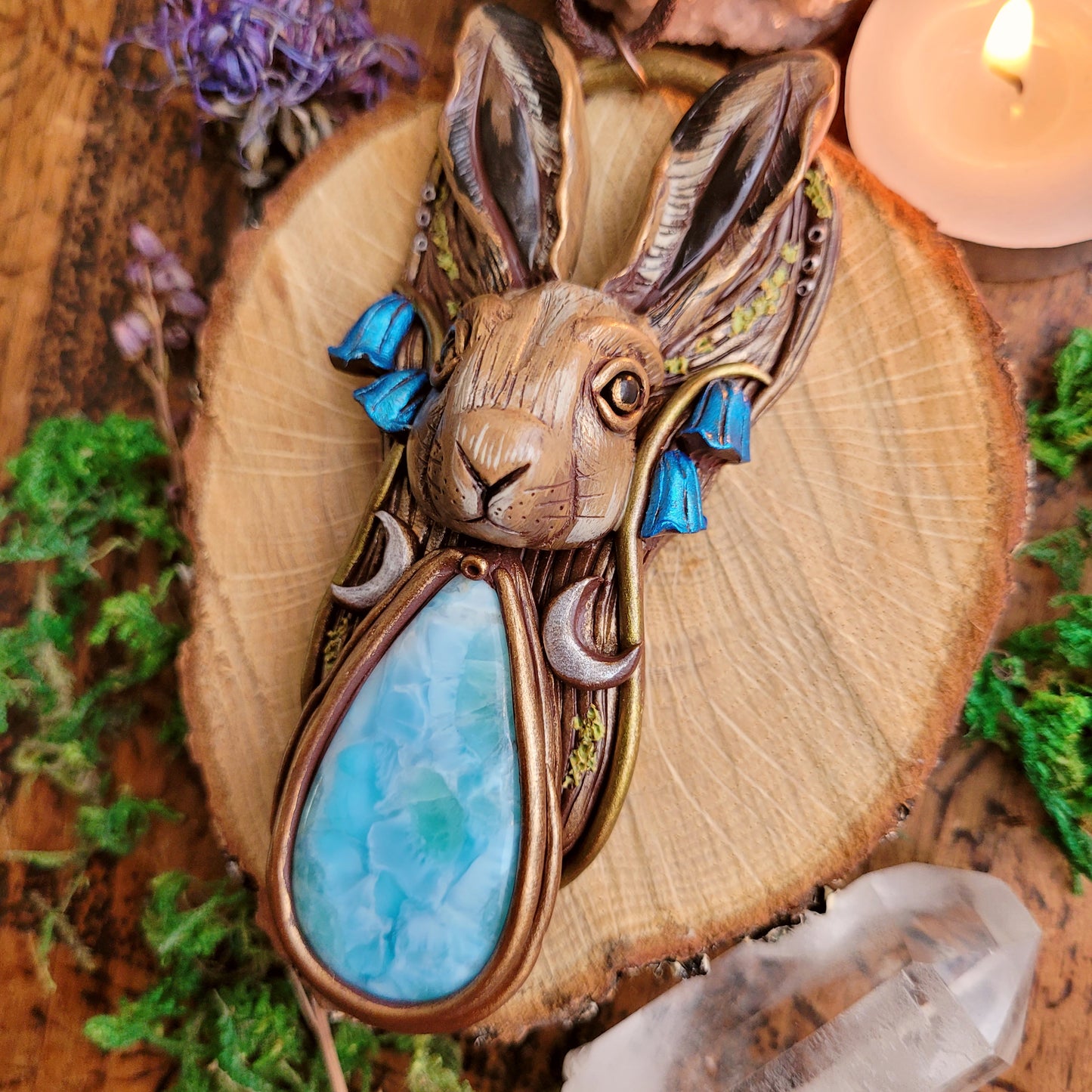 Lunar Hare in the Bluebells Talisman ~ Larimar