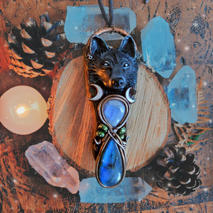 Midnight Wolf Infinity Talisman ~ Labradorite & Rainbow Moonstone