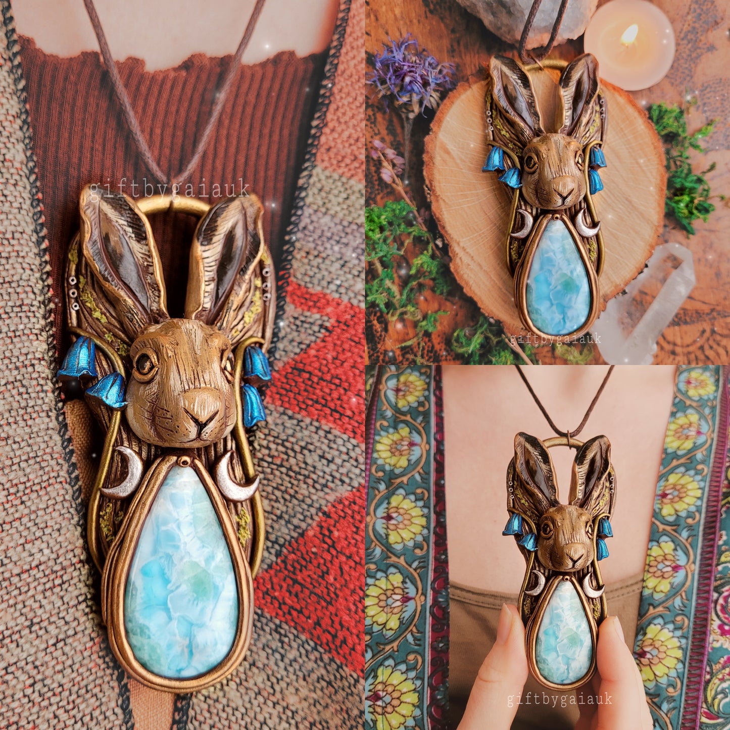 Lunar Hare in the Bluebells Talisman ~ Larimar