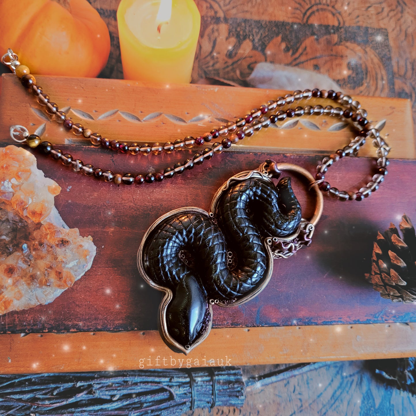 Sacred Serpent Golden Obsidian Crystal Beaded Talisman