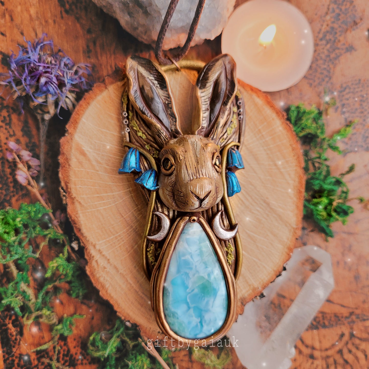 Lunar Hare in the Bluebells Talisman ~ Larimar